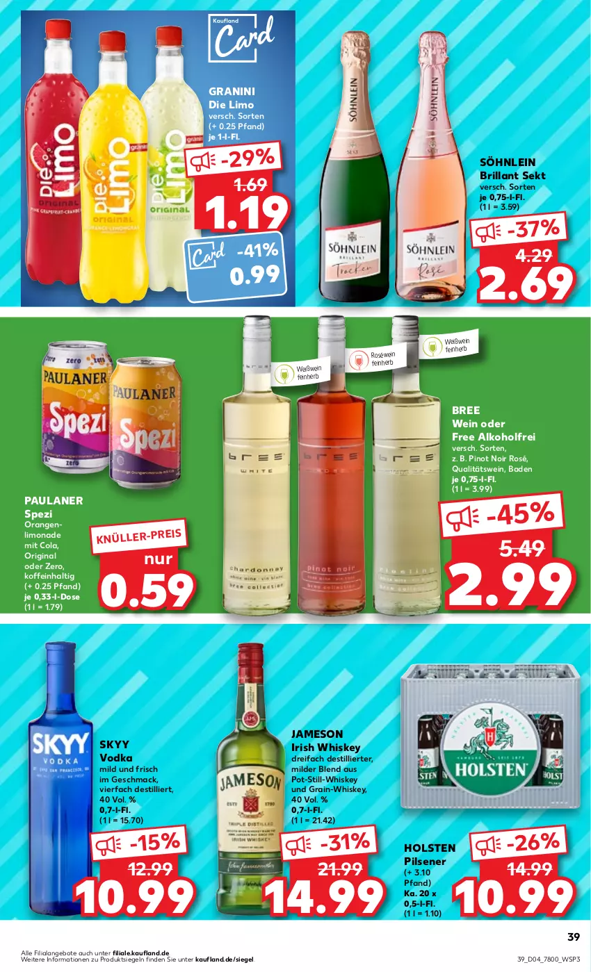 Aktueller Prospekt Kaufland - Prospekt - von 25.01 bis 31.01.2024 - strona 39 - produkty: alkohol, angebot, angebote, Bad, bree, brillant sekt, cola, eis, gin, granini, granini die limo, holsten, holsten pilsener, irish whiskey, jameson, limo, limonade, mac, orange, orangen, Paula, paulaner, pils, pilsener, Pinot, pinot noir, qualitätswein, roséwein, sekt, skyy, Skyy Vodka, söhnlein, söhnlein brillant, Spezi, Ti, vodka, wein, Weißwein, whiskey