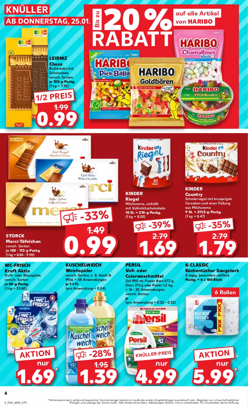 Aktueller Prospekt Kaufland - Prospekt - von 25.01 bis 31.01.2024 - strona 4 - produkty: angebot, butter, butterkeks, cerealien, colorwaschmittel, creme, eis, haribo, keks, Kinder, kinder country, kinder riegel, kraft, küche, Küchen, küchentücher, Kuschelweich, leibniz, merci, milch, persil, reis, riegel, schoko, schokolade, schokoriegel, storck, Ti, tücher, vollmilch, waschmittel, weichspüler, ZTE