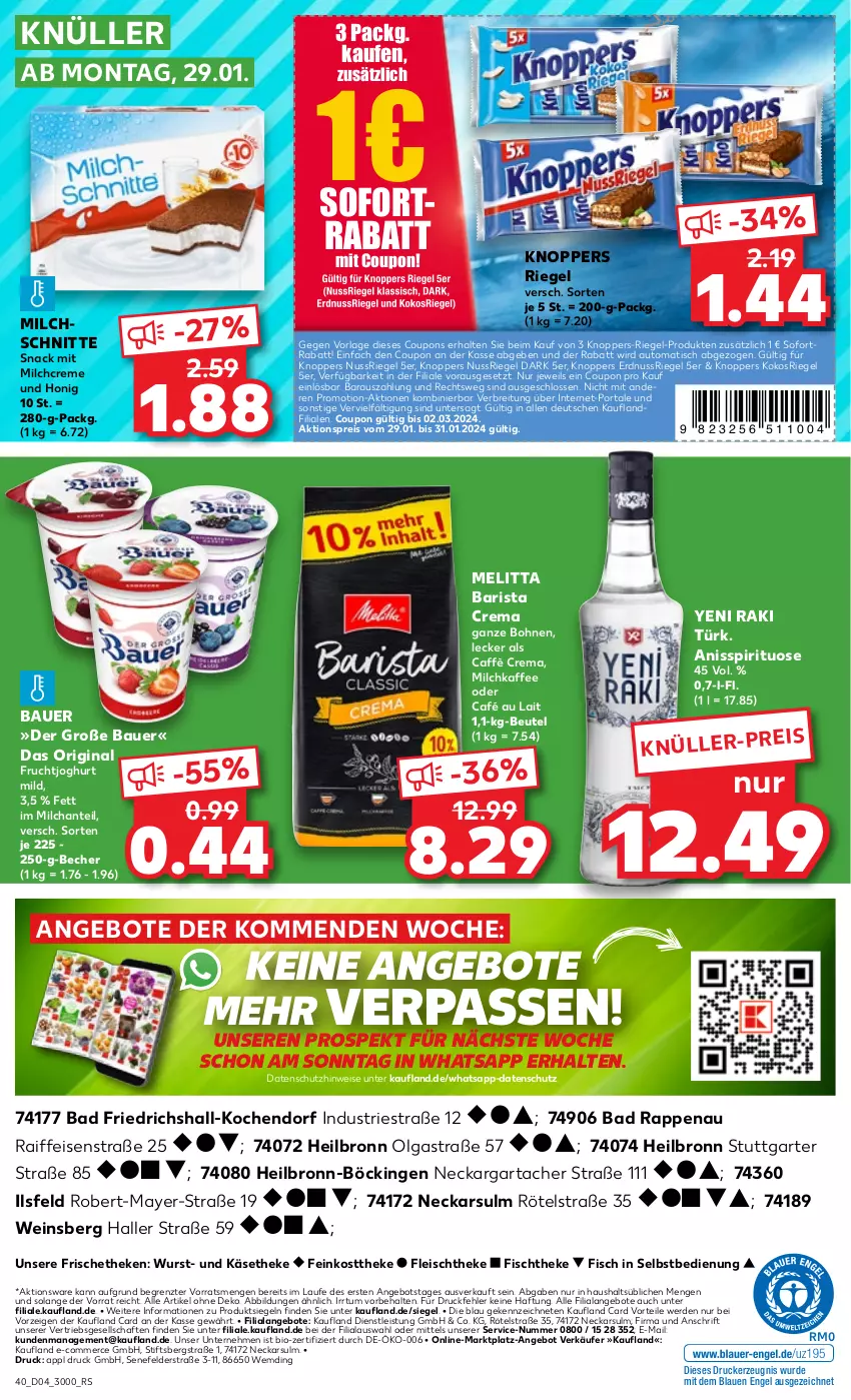 Aktueller Prospekt Kaufland - Prospekt - von 25.01 bis 31.01.2024 - strona 40 - produkty: aktionspreis, angebot, angebote, Astra, auer, auto, Bad, Bau, Bauer, Becher, beutel, bio, bohne, bohnen, Brei, café au lait, caffè crema, coupon, coupons, creme, drucker, eis, Engel, erde, erdnuss, feinkost, feinkosttheke, fisch, fischtheke, fleisch, frucht, fruchtjoghurt, gin, honig, joghur, joghurt, joghurt mild, kaffee, Käse, käsetheke, kerze, knoppers, kokos, LG, melitta, milch, Milchschnitte, nuss, nussriegel, reis, riegel, snack, sofortrabatt, Ti, tisch, wein, wurst, yeni raki, ZTE