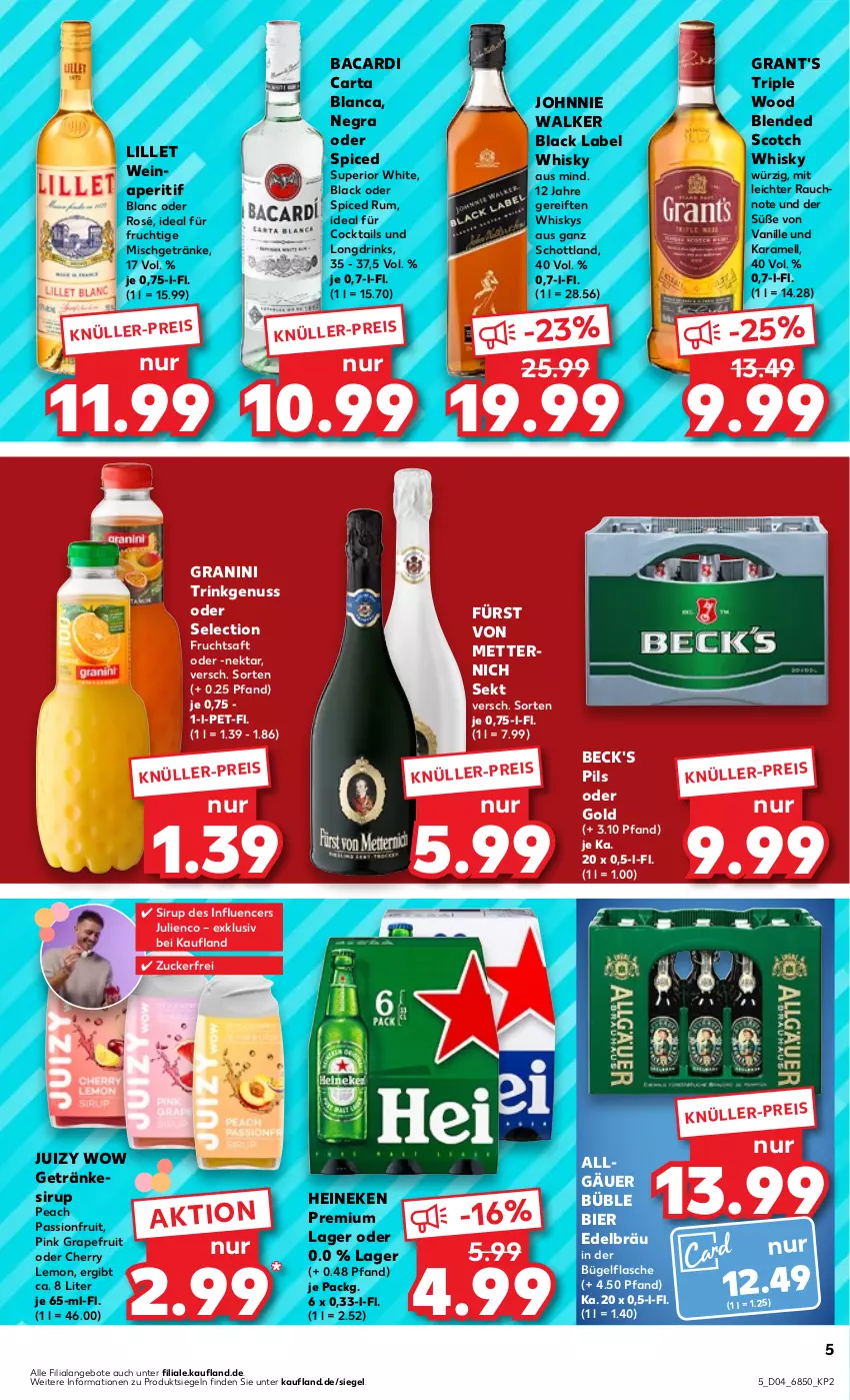 Aktueller Prospekt Kaufland - Prospekt - von 25.01 bis 31.01.2024 - strona 5 - produkty: angebot, angebote, aperitif, bacardi, beck's, bier, black label, blended scotch, blended scotch whisky, bügel, bügelflasche, cocktail, cocktails, drink, drinks, eis, flasche, frucht, fruchtsaft, fürst von metternich, getränk, getränke, getränkesirup, granini, grapefruit, heineken, johnnie walker, karamell, lack, LG, lillet, Mett, metternich, Nektar, nuss, pils, Rauch, rum, saft, schott, scotch, scotch whisky, sekt, sirup, Ti, vanille, wein, whisky, zucker