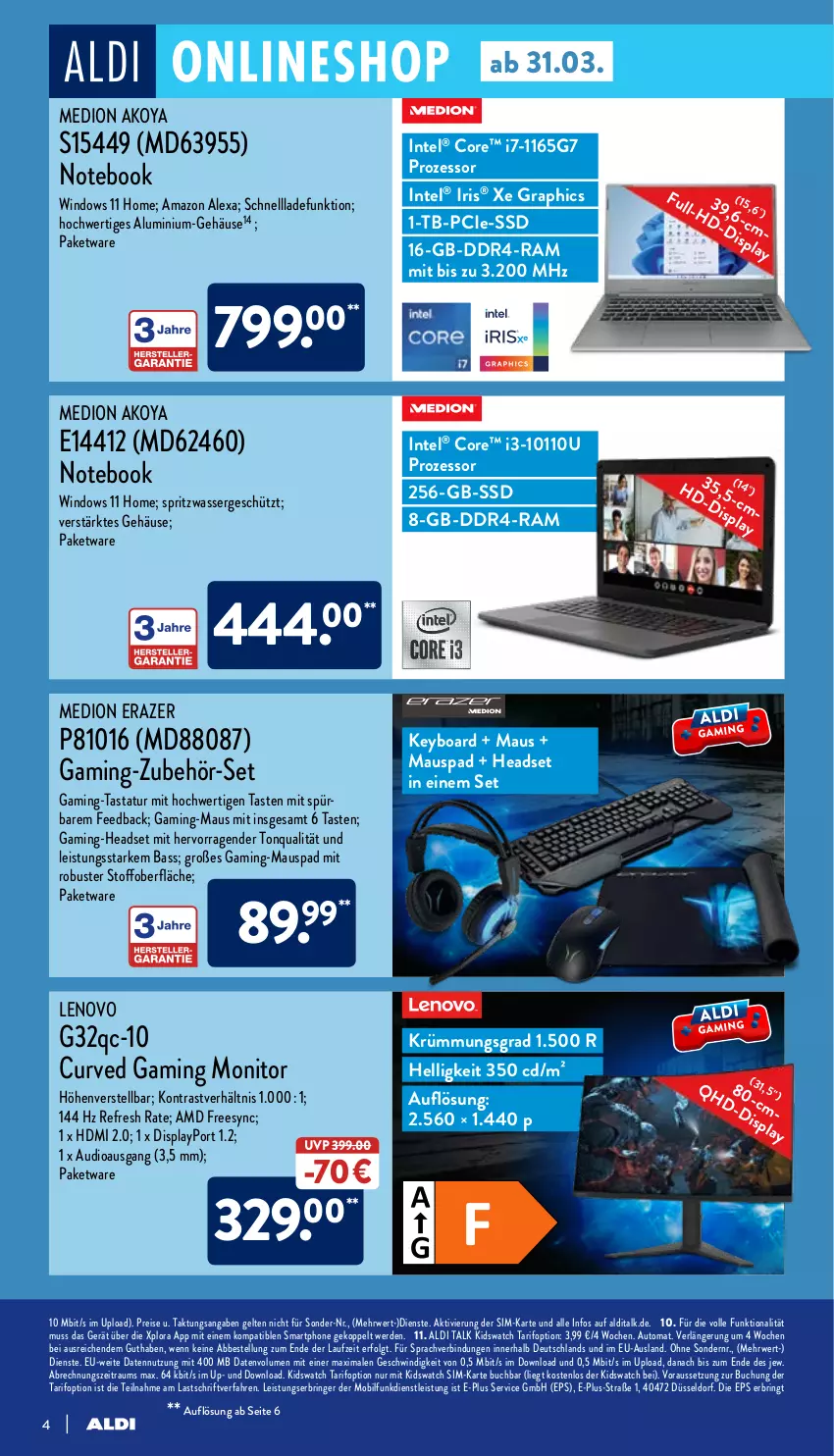 Aktueller Prospekt Aldi Nord - Multimedia - von 31.03 bis 30.04.2022 - strona 4 - produkty: aldi, aldi talk, alexa, amazon alexa, auto, buch, eis, erde, gaming-headset, HDMI, Headset, Intel, lenovo, LG, Maus, medion, Medion Akoya, monitor, notebook, Razer, reis, ring, rwe, sim, smartphone, ssd, Tastatur, Ti, wasser