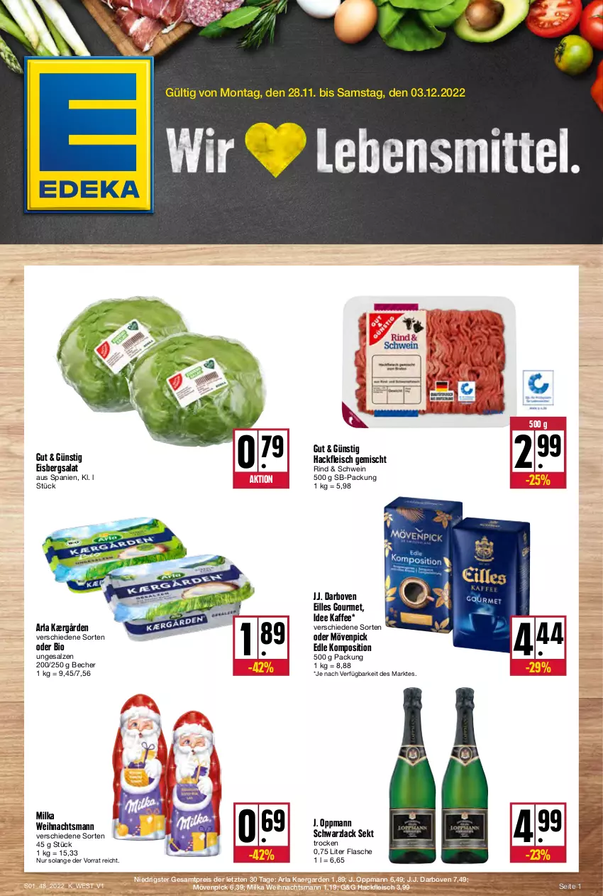 Aktueller Prospekt Kupsch - Angebote der Woche - von 28.11 bis 03.12.2022 - strona 1 - produkty: arla, Becher, bio, darbo, darboven, eilles gourmet, eis, eisbergsalat, flasche, fleisch, hackfleisch, hackfleisch gemischt, Kærgården, kaffee, lack, milka, mövenpick, reis, rind, salat, salz, schwein, sekt, Ti, wein, ZTE