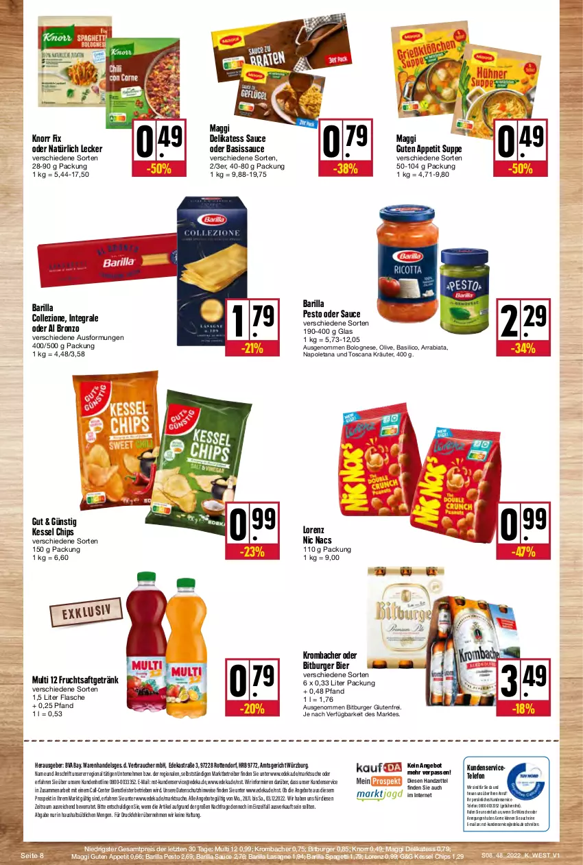 Aktueller Prospekt Kupsch - Angebote der Woche - von 28.11 bis 03.12.2022 - strona 8 - produkty: angebot, angebote, Astra, barilla, basilico, bier, bitburger, bolognese, burger, chips, deka, delikatess sauce, eis, ente, flasche, frucht, fruchtsaft, fruchtsaftgetränk, getränk, knorr, knorr fix, kräuter, krombache, krombacher, lasagne, lorenz, maggi, olive, pesto, Rauch, reis, saft, sauce, suppe, telefon, Ti, ZTE