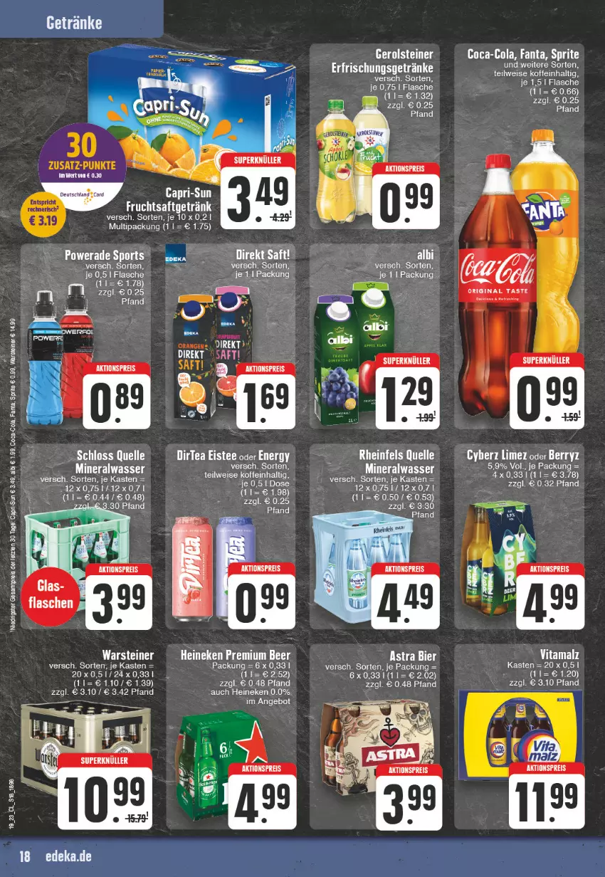 Aktueller Prospekt Edeka - Angebote der Woche - von 08.05 bis 13.05.2023 - strona 18 - produkty: aktionspreis, Alwa, angebot, Cap, capri-sun, coca-cola, cola, direktsaft, eis, elle, ente, erfrischungsgetränk, erfrischungsgetränke, fanta, flasche, gerolsteine, gerolsteiner, getränk, getränke, gin, heineken, leine, LG, mineralwasser, reis, rheinfels quelle, saft, Sport, sprite, steiner, tee, Ti, warsteiner, wasser, ZTE