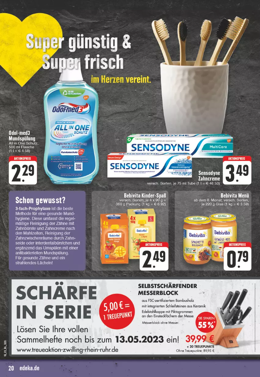 Aktueller Prospekt Edeka - Angebote der Woche - von 08.05 bis 13.05.2023 - strona 20 - produkty: aktionspreis, axe, bambus, bebivita, bürste, creme, edelstahl, eis, elle, flasche, Hefte, Holz, messer, messerblock, mundspülung, Odol, Reinigung, reis, Spülen, spülung, Ti, uhr, vita, zahnbürste, zahncreme