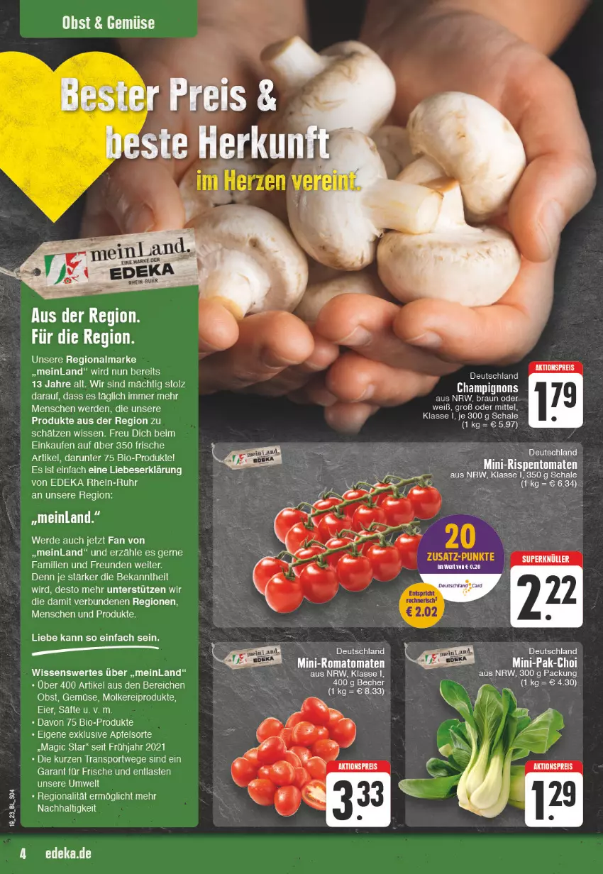 Aktueller Prospekt Edeka - Angebote der Woche - von 08.05 bis 13.05.2023 - strona 4 - produkty: apfel, bio, braun, champignon, champignons, deka, eis, erde, mini-rispentomaten, molkereiprodukte, obst, reis, rispentomaten, Romatomaten, Schal, Schale, Sport, Ti, tomate, tomaten, uhr