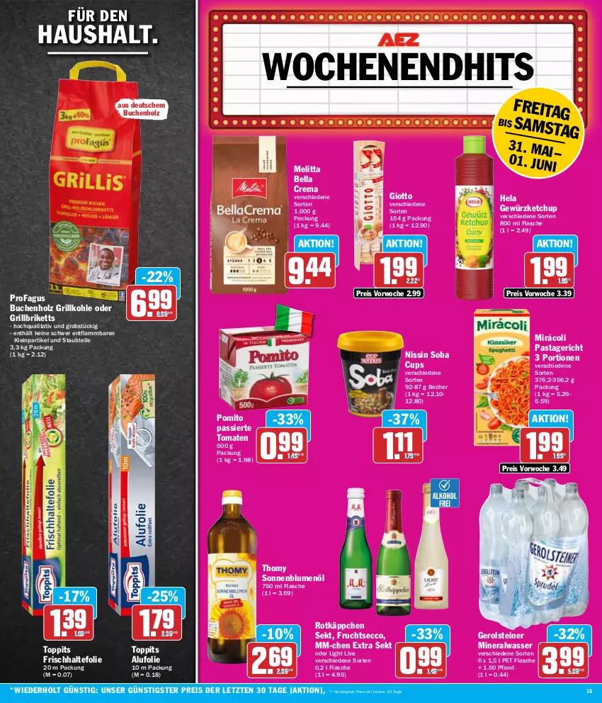 Aktueller Prospekt Aez - Prospekte - von 27.05 bis 01.06.2024 - strona 15 - produkty: Alwa, Becher, bella crema, blume, blumen, blumenöl, briketts, buch, ecco, eis, flasche, frischhaltefolie, frucht, fruchtsecco, gerolsteine, gerolsteiner, gewürz, gewürzketchup, giotto, grill, grillbriketts, Grillkohle, Hela, Holz, ketchup, lamm, melitta, mineralwasser, Mirácoli, Nissin, obst, pasta, Pastagericht, pomito, profagus, reis, rotkäppchen, sekt, sonnenblume, sonnenblumen, sonnenblumenöl, steiner, thomy, Ti, tomate, tomaten, toppits, wasser, ZTE