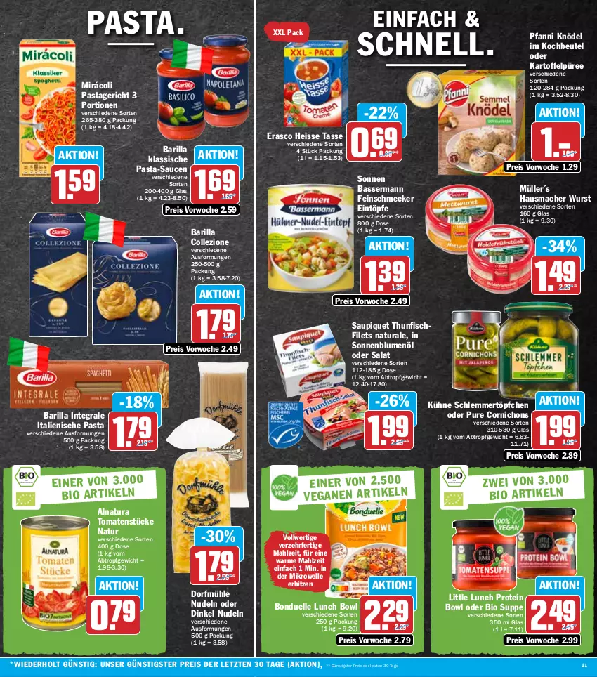 Aktueller Prospekt Hit - Prospekte - von 08.08 bis 13.08.2022 - strona 11 - produkty: barilla, beutel, bio, blume, blumen, blumenöl, bonduelle, eintöpfe, eis, elle, erasco, feinschmecker, filet, filets, fisch, Hausmacher, italienische pasta, kartoffel, Kartoffelpüree, Knödel, kochbeutel, Kühne, mac, mikrowelle, Mirácoli, Müller, natur, natura, nudel, nudeln, pasta, pasta-sauce, Pastagericht, pfanni, püree, reis, salat, sauce, saucen, saupiquet, schlemmertöpfchen, sonnenblume, sonnenblumen, sonnenblumenöl, suppe, tasse, thunfisch, Ti, tomate, tomaten, Tomatenstücke, Töpfchen, wurst, ZTE