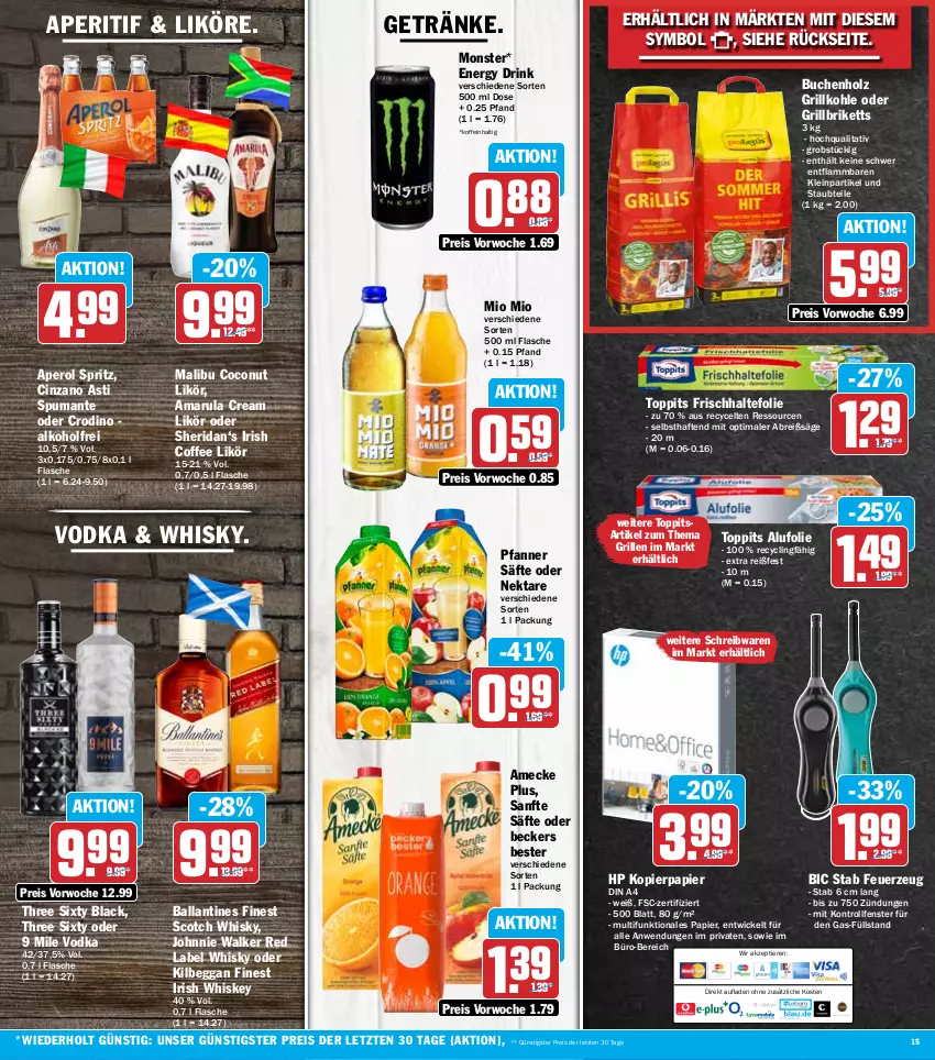 Aktueller Prospekt Hit - Prospekte - von 08.08 bis 13.08.2022 - strona 15 - produkty: alkohol, amarula, amecke, aperitif, aperol, asti, ball, Beckers Bester, Brei, briketts, buch, cin, cinzano, Cinzano Asti, Clin, coconut, din a4, drink, eis, energy drink, fenster, Feuerzeug, flasche, frischhaltefolie, getränk, getränke, grill, grillbriketts, Grillkohle, Holz, HP, irish whiskey, johnnie walker, kilbeggan, kopierpapier, lack, lamm, likör, Malibu, Mio Mio, monster, Nektar, obst, papier, pfanne, Pfanner, puma, reis, säfte, säge, schreibwaren, scotch, scotch whisky, spumante, Three Sixty, Ti, Tiere, toppits, vodka, whiskey, whisky, WICK, ZTE