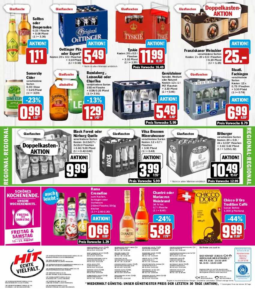 Aktueller Prospekt Hit - Prospekte - von 08.08 bis 13.08.2022 - strona 16 - produkty: alkohol, Alwa, angebot, angebote, auer, Bad, Becher, bier, bitburger, black forest, bohne, braun, brunnen, Bundaberg, burger, chantré, cider, creme, desperados, drucker, eimer, eis, elle, Engel, fisch, flasche, franziskaner, gerolsteine, gerolsteiner, glasflasche, kerze, lack, Lübecker, mariacron, mineralwasser, natur, oettinger, pils, rama, rama cremefine, Rauch, reis, rel, Ria, somersby, Sprudel, Staatl. Fachingen, steiner, Ti, tyskie, uhr, vilsa, wasser, wein, weinbrand, weissbier, ZTE