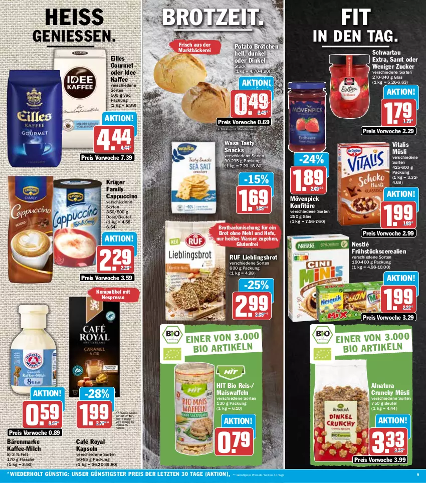 Aktueller Prospekt Hit - Prospekte - von 08.08 bis 13.08.2022 - strona 9 - produkty: backmischung, bärenmarke, beutel, bio, brot, brötchen, café royal, Cap, cappuccino, cerealien, cin, eilles gourmet, eis, espresso, flasche, Hefe, kaffee, konfitüre, krüger, mais, Maiswaffeln, mehl, milch, mövenpick, müsli, natur, natura, nespresso, nestlé, reis, Schwartau, snack, snacks, Ti, vita, vitalis, vitalis müsli, waffeln, wasa, wasser, ZTE, zucker