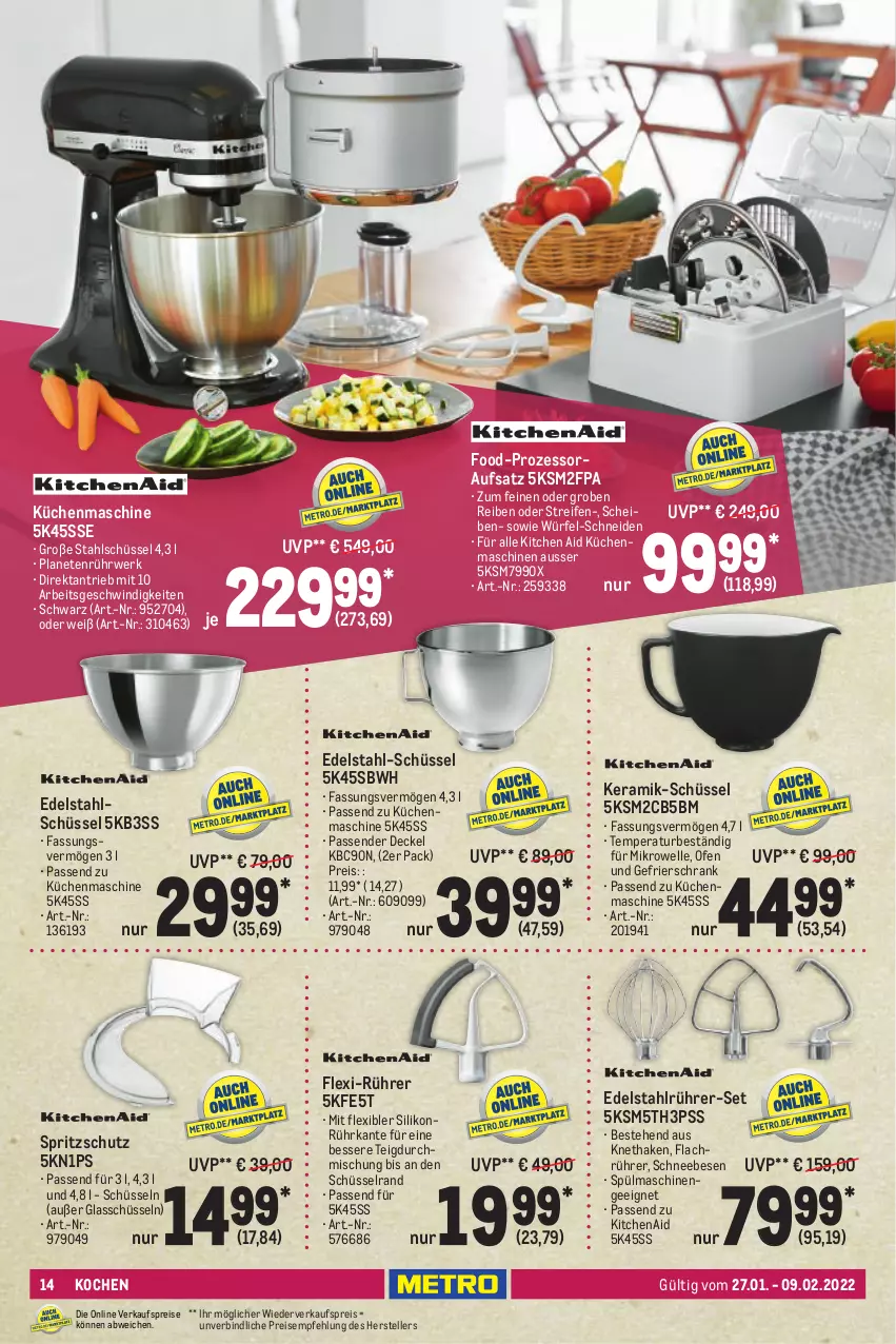 Aktueller Prospekt Metro - Kochen Spezial - von 27.01 bis 09.02.2022 - strona 14 - produkty: decke, Deckel, edelstahl, eis, elle, gefrierschrank, KitchenAid, küche, Küchen, küchenmaschine, mikrowelle, Ofen, reifen, reis, rwe, Schneebesen, Schrank, schüssel, Spritzschutz, spülmaschinen, teller, Ti, würfel