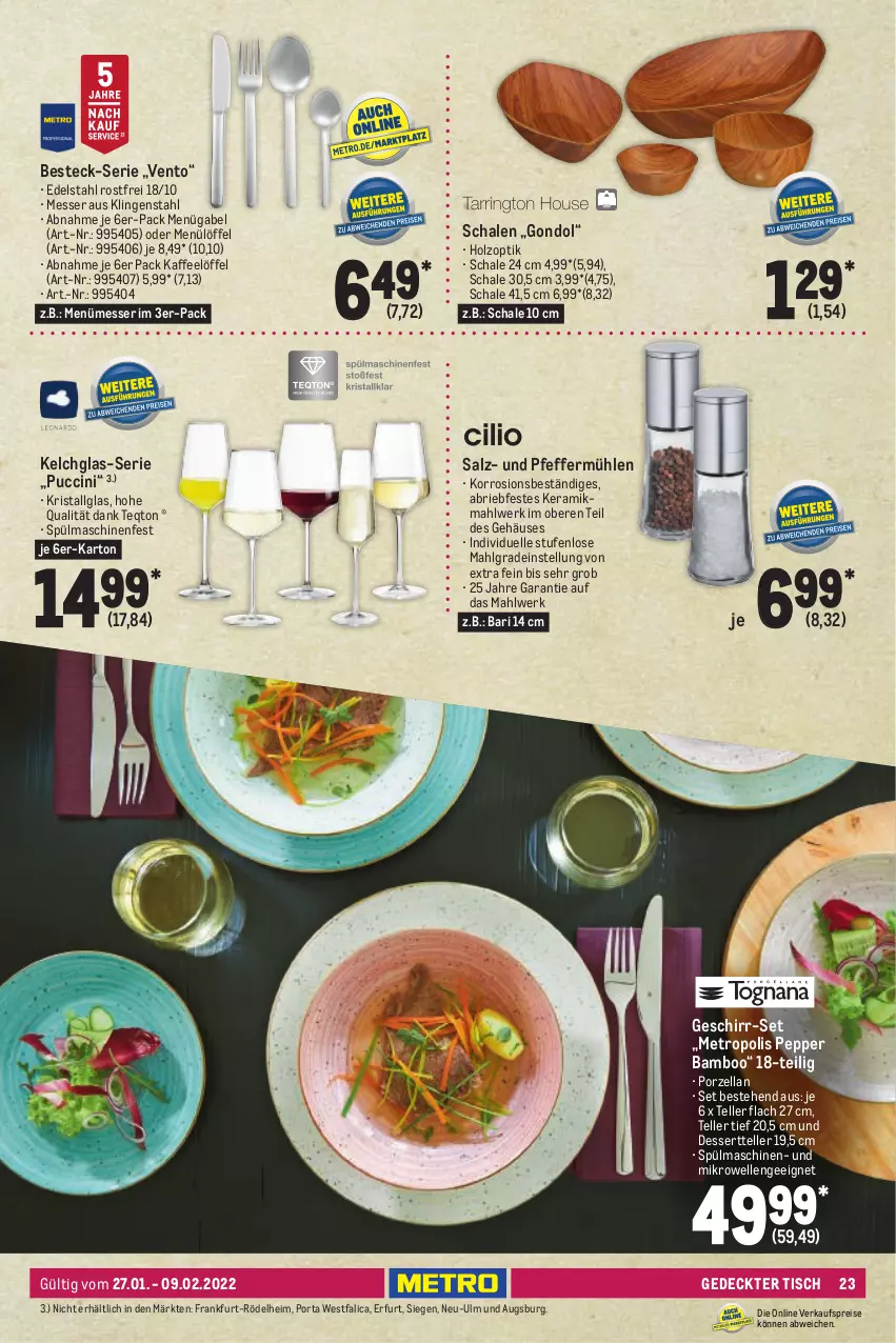 Aktueller Prospekt Metro - Kochen Spezial - von 27.01 bis 09.02.2022 - strona 23 - produkty: bamboo, besteck, brie, cin, dessert, Dessertteller, edelstahl, eis, elle, gabel, geschirr, Geschirr-Set, Holz, kaffee, LG, Löffel, messer, Metro, mikrowelle, pfeffer, Pfeffermühle, reis, salz, Schal, Schale, spülmaschinen, teller, Ti, tisch