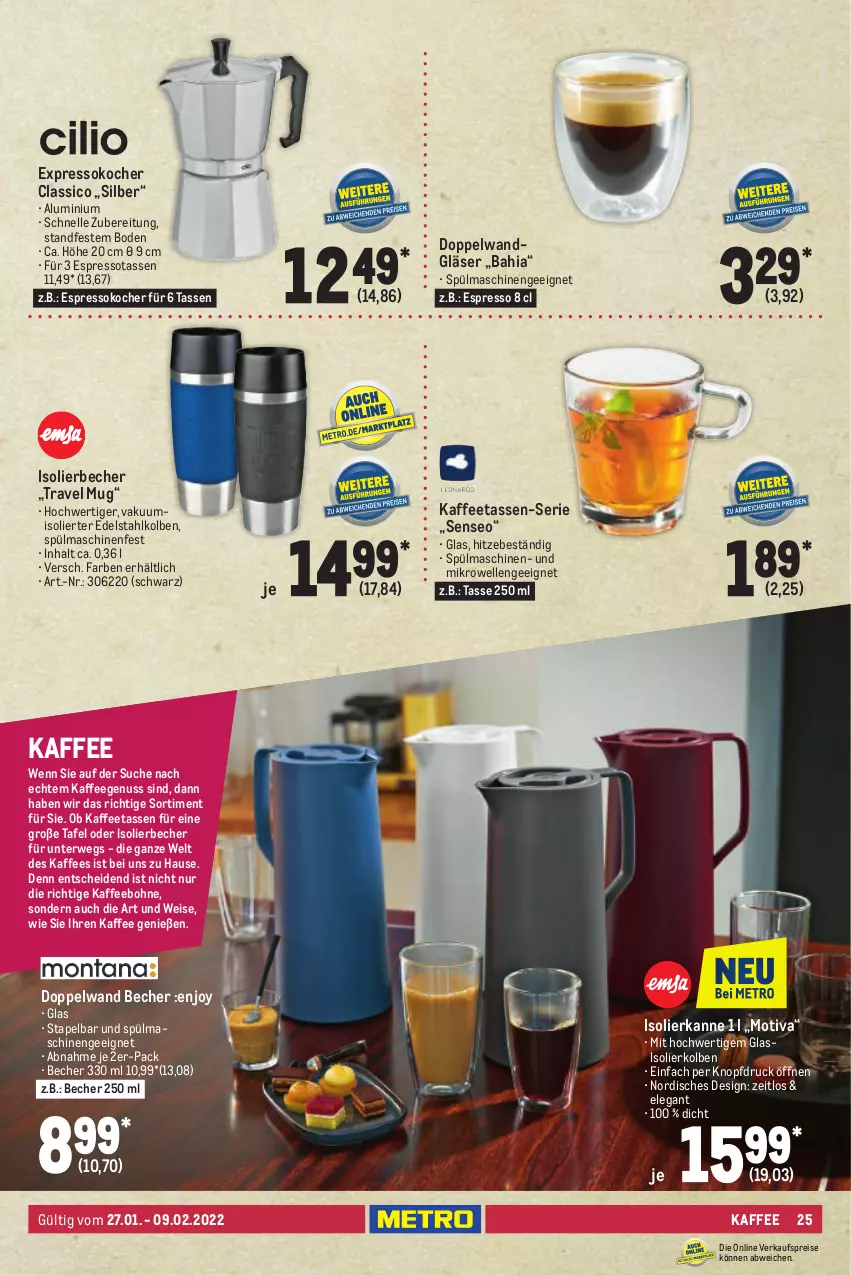 Aktueller Prospekt Metro - Kochen Spezial - von 27.01 bis 09.02.2022 - strona 25 - produkty: Becher, bohne, classico, edelstahl, eis, elle, espresso, Espressokocher, Gläser, isolierbecher, isolierkanne, kaffee, kaffeegenuss, Kaffeetassen, Kocher, mikrowelle, nuss, reis, rwe, senseo, spülmaschinen, tasse, Ti, travel mug