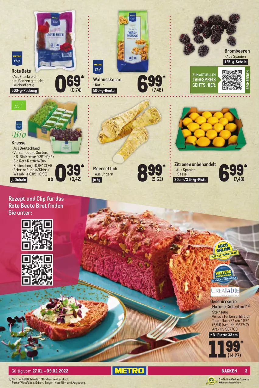 Aktueller Prospekt Metro - Kochen Spezial - von 27.01 bis 09.02.2022 - strona 3 - produkty: beere, beeren, beutel, bio, brombeere, brombeeren, brot, cola, eis, elle, erbsen, geschirr, Geschirrserie, küche, Küchen, latte, meerrettich, natur, nuss, radieschen, reis, Rettich, rezept, rote bete, rucola, Schal, Schale, teller, Ti, walnuss, walnusskerne, wasa, zitrone, zitronen