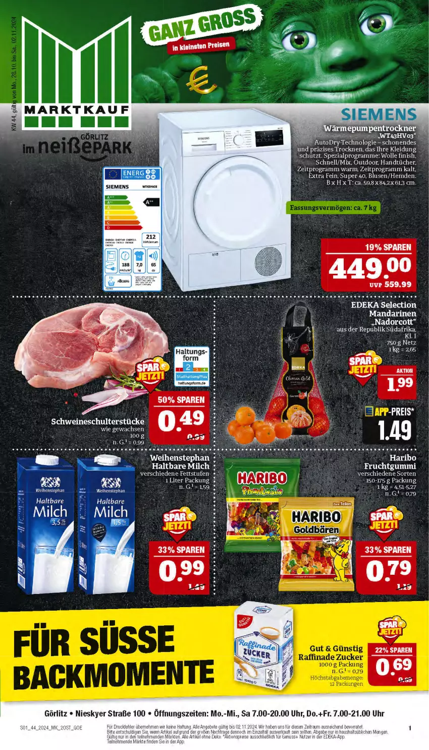 Aktueller Prospekt Marktkauf - Prospekt - von 27.10 bis 02.11.2024 - strona 1 - produkty: alpro, bluse, eier, eis, Finish, handtücher, haribo, hemd, hemden, kleid, Kleidung, mandarine, mandarinen, milch, reis, schwein, schweine, Spezi, tee, Ti, tücher, weihenstephan, wein, weine, wolle