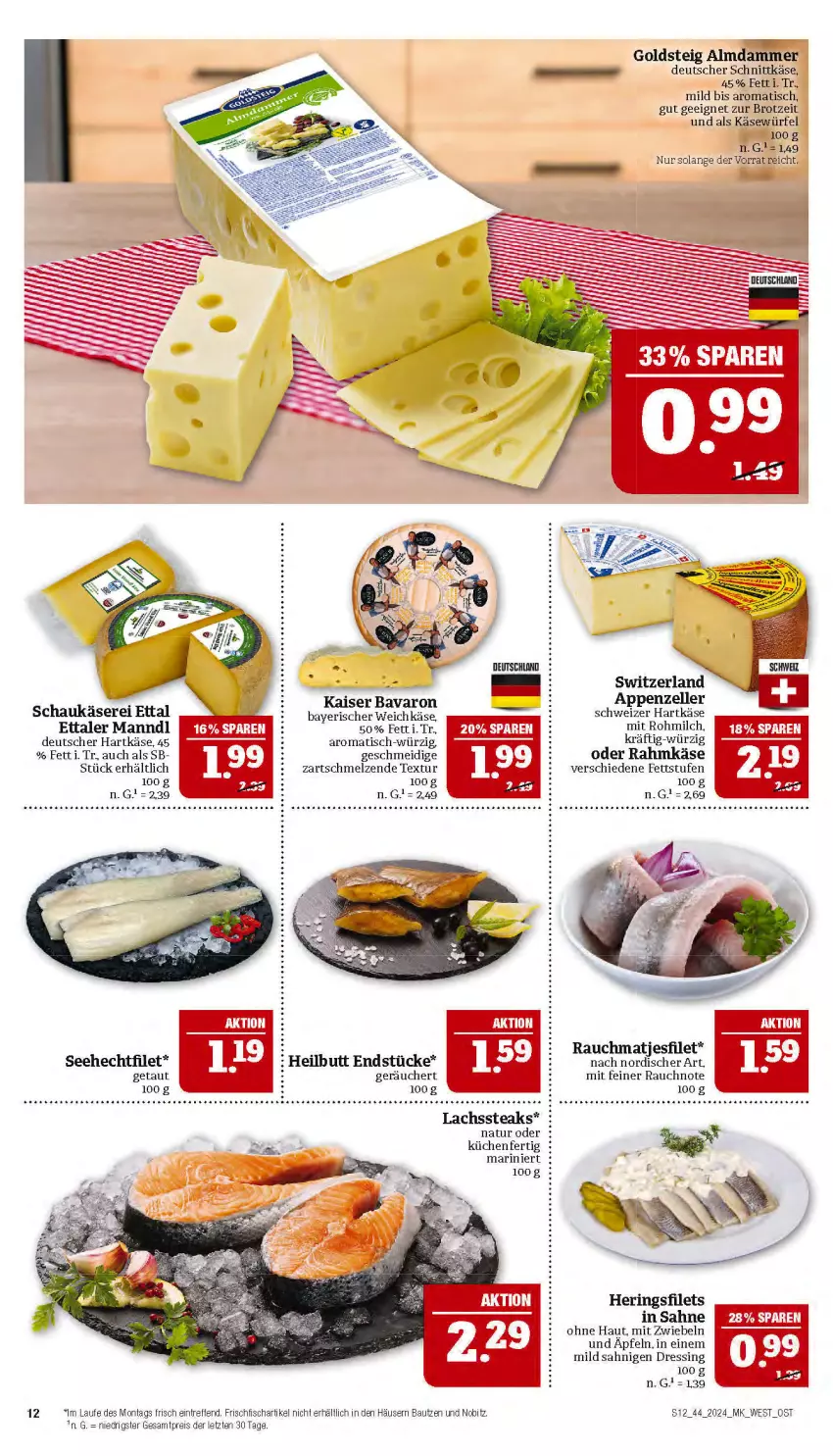 Aktueller Prospekt Marktkauf - Prospekt - von 27.10 bis 02.11.2024 - strona 12 - produkty: appenzeller, Bau, brot, deutscher schnittkäse, dressing, eis, elle, filet, filets, fisch, frischfisch, goldsteig, hartkäse, hering, Herings, heringsfilets, Käse, küche, Küchen, lachs, mam, matjes, Matjesfilet, natur, Rauch, reis, ring, sahne, schnittkäse, schweizer hartkäse, steak, steaks, Ti, tisch, würfel, ZTE, zwiebel, zwiebeln