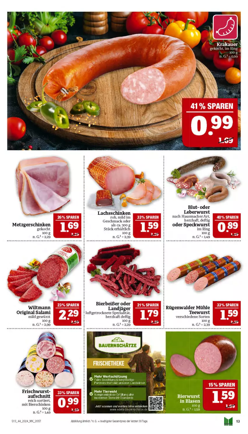 Aktueller Prospekt Marktkauf - Prospekt - von 27.10 bis 02.11.2024 - strona 13 - produkty: aufschnitt, bier, bierschinken, eis, gewürz, gin, Hausmacher, lachs, lachsschinken, landjäger, leberwurst, mac, nuss, reis, ring, rügenwalder, rügenwalder mühle, salami, schinken, Speck, Spezi, tee, teewurst, Ti, wiltmann, wurst, ZTE