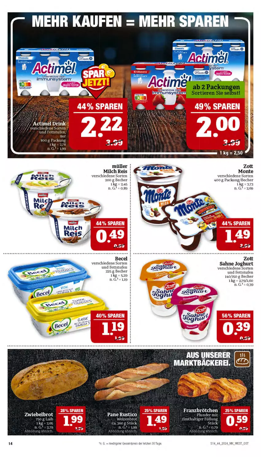 Aktueller Prospekt Marktkauf - Prospekt - von 27.10 bis 02.11.2024 - strona 14 - produkty: becel, Becher, brot, brötchen, eis, joghur, joghurt, milch, monte, Müller, reis, sahne, sahne joghurt, Ti, Weizenbrot, zott, ZTE, zwiebel