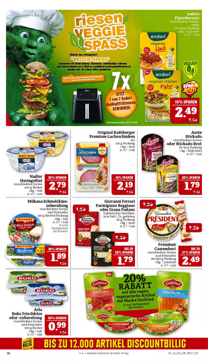 Aktueller Prospekt Marktkauf - Prospekt - von 27.10 bis 02.11.2024 - strona 16 - produkty: arla, arla buko, Becher, Berger, brot, Buko, camembert, eier, eis, filet, frischkäse, fritteuse, gin, grana, grana padano, hartkäse, Heißluftfritteuse, hering, Herings, italienischer hartkäse, Käse, lachs, lachsschinken, milka, milkana, padano, parmigiano, parmigiano reggiano, radeberger, Rana, reggiano, reis, ring, schinken, Schmelzkäse, stickado, Ti, ZTE