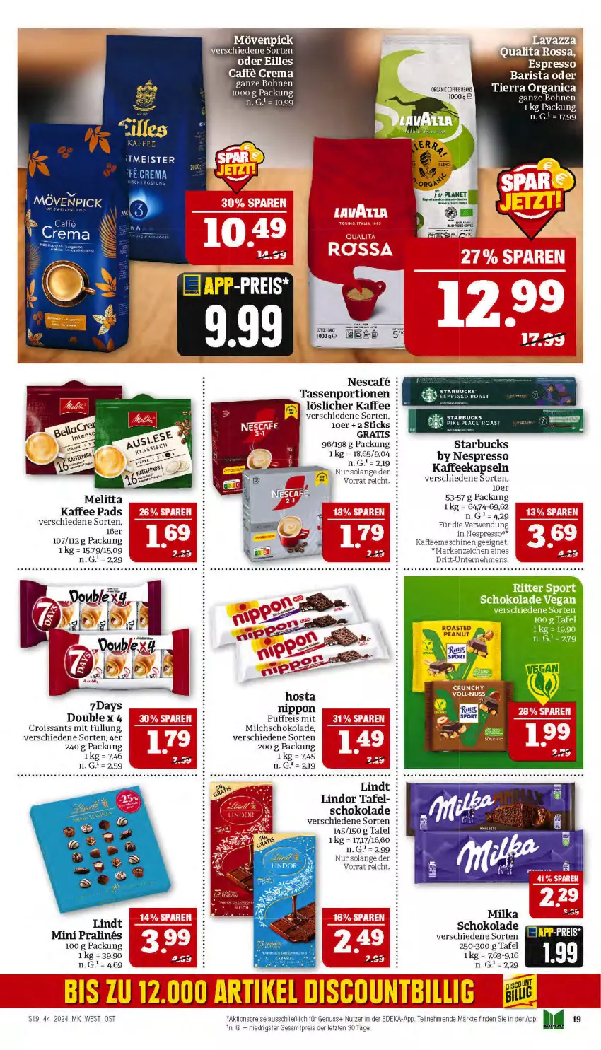 Aktueller Prospekt Marktkauf - Prospekt - von 27.10 bis 02.11.2024 - strona 19 - produkty: aktionspreis, caffe, Croissant, croissants, deka, eis, espresso, kaffee, kaffeekapseln, kaffeemaschine, kaffeepads, lindor, lindt, löslicher kaffee, milch, milka, mövenpick, nescafe, nespresso, nippon, nuss, reis, rwe, schoko, schokolade, starbucks, tasse, Ti, ZTE