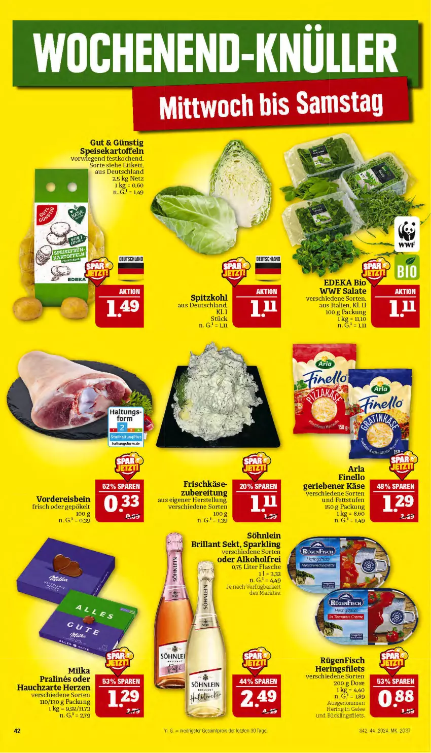 Aktueller Prospekt Marktkauf - Prospekt - von 27.10 bis 02.11.2024 - strona 42 - produkty: alkohol, arla, bio, brillant sekt, deka, edeka bio, eis, filet, filets, finello, fisch, flasche, gelee, gin, hering, Herings, heringsfilets, kartoffel, kartoffeln, Käse, reis, rel, ring, rügenfisch, salat, salate, sekt, söhnlein, söhnlein brillant, spitzkohl, Ti, ZTE