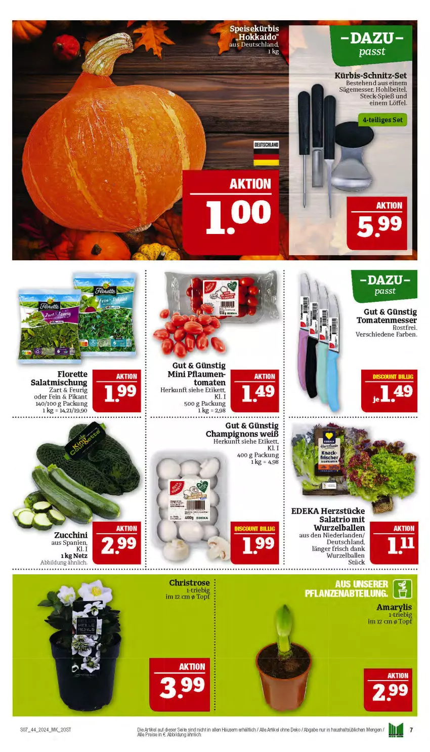 Aktueller Prospekt Marktkauf - Prospekt - von 27.10 bis 02.11.2024 - strona 7 - produkty: ball, bett, champignon, champignons, deka, eis, florette, Kürbis, Löffel, messer, pflaume, pflaumen, reis, säge, salat, Ti, tomate, tomaten, topf, zucchini