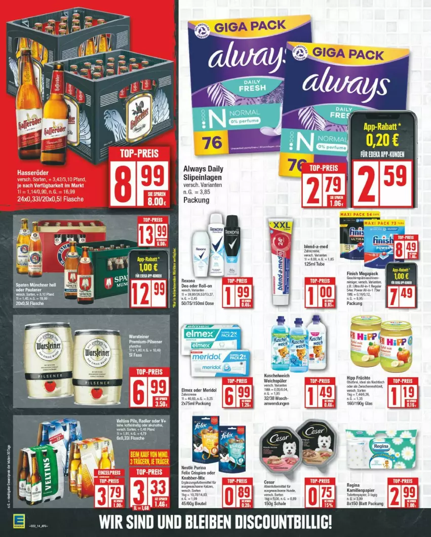 Aktueller Prospekt Edeka - Prospekte - von 27.05 bis 01.06.2024 - strona 14 - produkty: Alwa, Always, deo, Kuschelweich, meridol, pils, radler, rexona, Ria, slip, slipeinlagen, tee, Ti, veltins, weichspüler