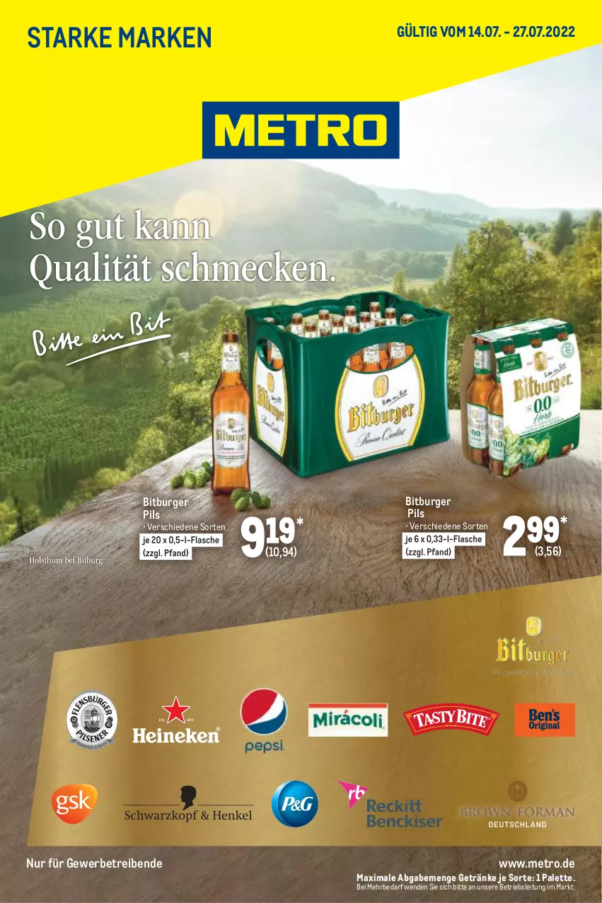 Aktueller Prospekt Metro - Starke Marken - von 14.07 bis 27.07.2022 - strona 1 - produkty: bitburger, bitburger pils, burger, flasche, getränk, getränke, Metro, Palette, pils, Ti