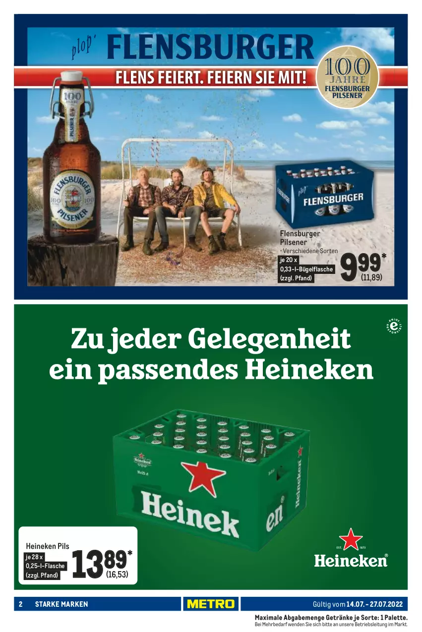 Aktueller Prospekt Metro - Starke Marken - von 14.07 bis 27.07.2022 - strona 2 - produkty: bügel, bügelflasche, burger, flasche, flensburger, getränk, getränke, heineken, Palette, pils, pilsener, Ti