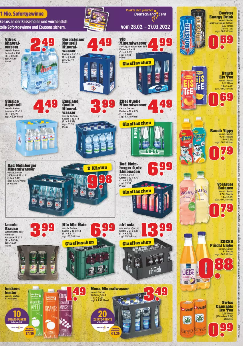 Aktueller Prospekt Trinkgut - von 28.02 bis 05.03.2022 - strona 3 - produkty: Afri Cola, Alwa, angebot, angebotspreis, auer, Bad, Berger, brause, cola, coupon, coupons, deka, deutschlandcard, drink, eis, elle, energy drink, erde, flasche, frucht, gerolsteine, gerolsteiner, glasflasche, himbeer, ice tea, Intel, LG, limo, limonade, limonaden, Meister, mineralwasser, Mio Mio, natur, Rauch, reis, rel, sinalco, steiner, tee, Ti, vitrex, vöslauer, wasser