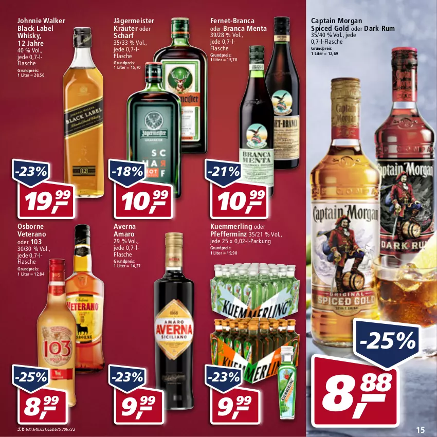 Aktueller Prospekt Real - von 23.05 bis 28.05.2022 - strona 15 - produkty: amaro, averna, black label, Cap, captain morgan, eis, Fernet, flasche, Germ, jägermeister, johnnie walker, kräuter, kuemmerling, lack, Meister, merl, osborne, pfeffer, reis, rum, veterano, whisky