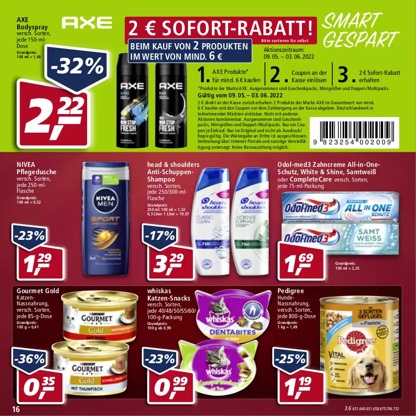 Aktueller Prospekt Real - von 23.05 bis 28.05.2022 - strona 16 - produkty: axe, body, bodyspray, Brei, coupon, creme, dusche, eis, flasche, gin, gourmet gold, Nassnahrung, nivea, Odol, pedigree, pflegedusche, reis, shampoo, snack, snacks, sofort-rabatt, Ti, Tiere, whiskas, zahncreme