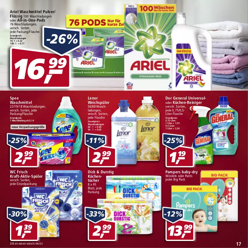 Aktueller Prospekt Real - von 23.05 bis 28.05.2022 - strona 17 - produkty: ariel, ariel waschmittel, baby-dry, eis, flasche, kraft, küche, Küchen, küchentücher, lenor, lenor weichspüler, pampers, Pants, Pods, reiniger, reis, spee, Ti, tücher, waschmittel, wc frisch, weichspüler, windeln, windeln oder pants