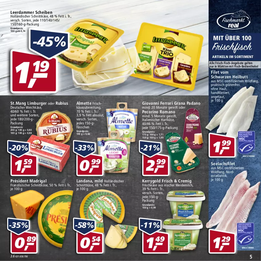 Aktueller Prospekt Real - von 23.05 bis 28.05.2022 - strona 5 - produkty: almette, angebot, angebote, burger, deutscher weichkäse, eis, filet, fisch, frischfisch, frischkäse, grana, grana padano, hartkäse, holländischer schnittkäse, italienischer hartkäse, Käse, kerrygold, lachs, lachsfilet, leerdammer, Limburger, Mett, milch, padano, Pecorino, Rana, reis, Rubius, schnittkäse, seelachsfilet, Ti, tisch, weichkäse, weidemilch, Wild