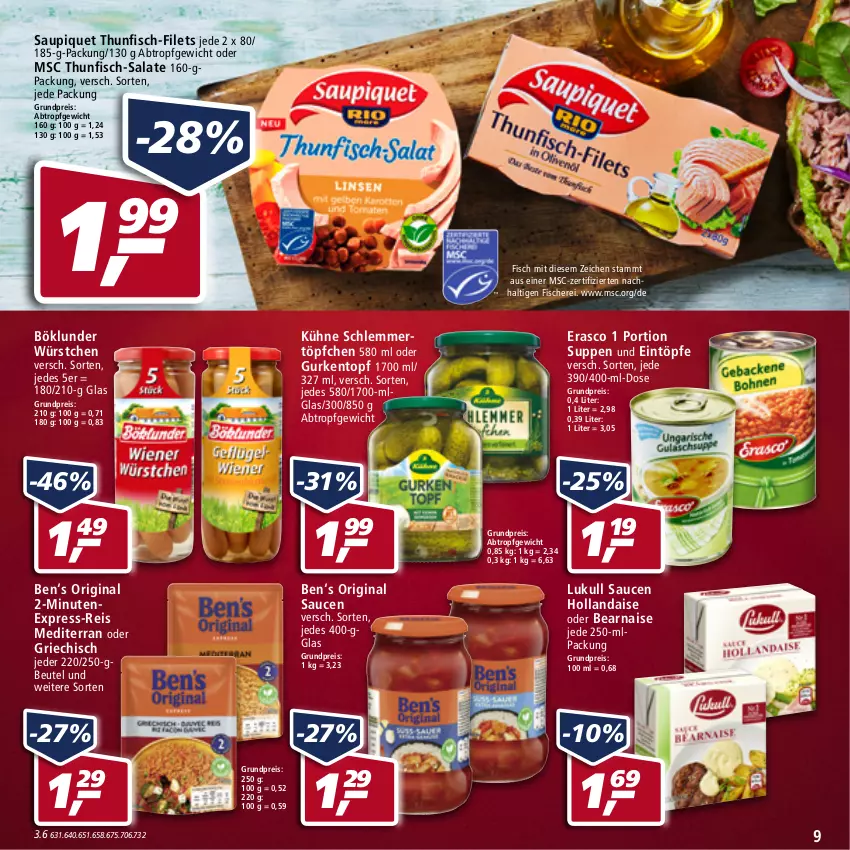 Aktueller Prospekt Real - von 23.05 bis 28.05.2022 - strona 9 - produkty: beutel, böklunder, eintöpfe, eis, erasco, express-reis, filet, filets, fisch, fische, Fischer, gin, gurke, gurken, hollandaise, Kühne, LG, lukull, reis, salat, salate, sauce, saucen, saupiquet, Schere, schlemmertöpfchen, suppe, suppen, thunfisch, Ti, topf, Töpfchen, würstchen