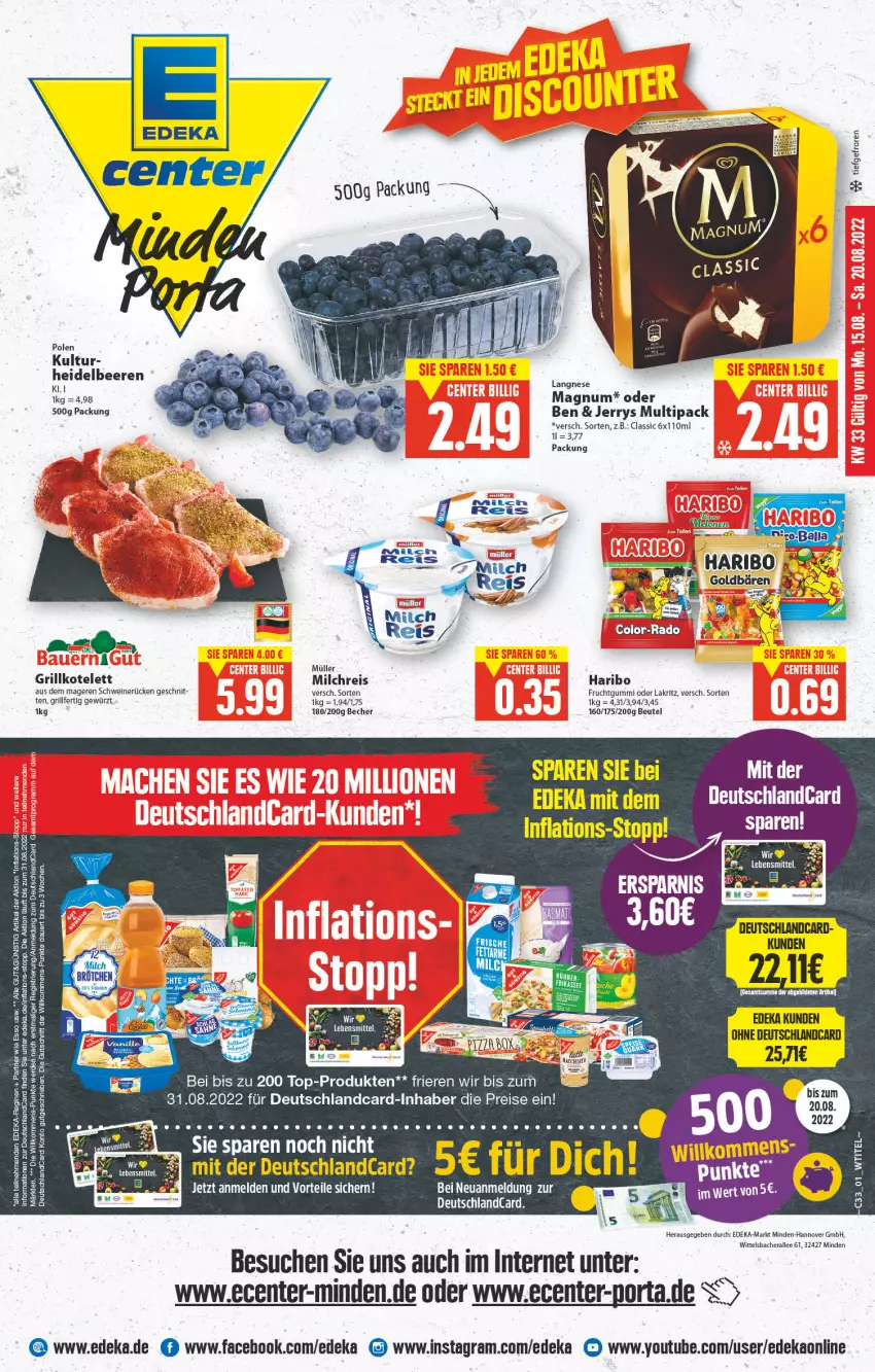 Aktueller Prospekt E Center - Angebote der Woche - von 15.08 bis 20.08.2022 - strona 1 - produkty: auer, Becher, beere, beeren, beutel, deka, deutschlandcard, eis, ente, erde, frucht, fruchtgummi, gewürz, gin, grill, grillkotelett, haribo, heidelbeere, heidelbeeren, kotelett, Lakritz, LG, magnum, milch, milchreis, Müller, oder lakritz, reis, schwein, schweine, schweinerücken, Ti, wein, weine, Yo