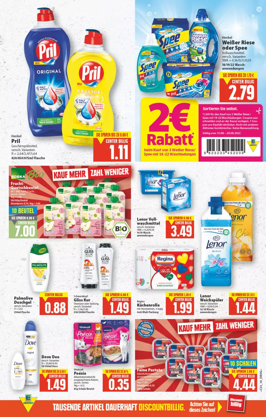 Aktueller Prospekt E Center - Angebote der Woche - von 15.08 bis 20.08.2022 - strona 13 - produkty: alleinfuttermittel, arla, beutel, deo, dove, duschgel, ente, fisch, flasche, geschirr, geschirrspülmittel, gin, gliss, gliss kur, henkel, kraft, küche, Küchen, küchenrolle, lenor, lenor weichspüler, olive, palmolive, pril, Ria, Schal, Schale, schwarzkop, schwarzkopf, shampoo, shampoo oder spülung, spee, spülmittel, spülung, Ti, vita, vitakraft, vollwaschmittel, waschmittel, weichspüler