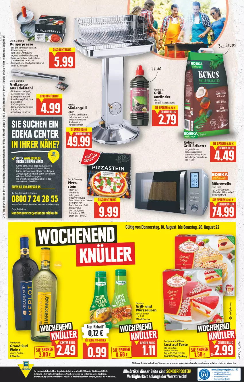 Aktueller Prospekt E Center - Angebote der Woche - von 15.08 bis 20.08.2022 - strona 16 - produkty: angebot, angebote, anzünder, auer, backofen, backofen und, Bodenplatte, braun, briketts, burger, deka, develey, elle, ente, flasche, garraum, grand sud, grill, grillrost, grillzange, hamburger, kokos, kokosnuss, latte, leine, messer, mikrowelle, nuss, Ofen, papier, pizza, sauce, saucen, Säulengrill, Schal, Schale, telefon, Ti, Tiere, tisch, torte, uhr, wein, weine, würzsauce, würzsaucen