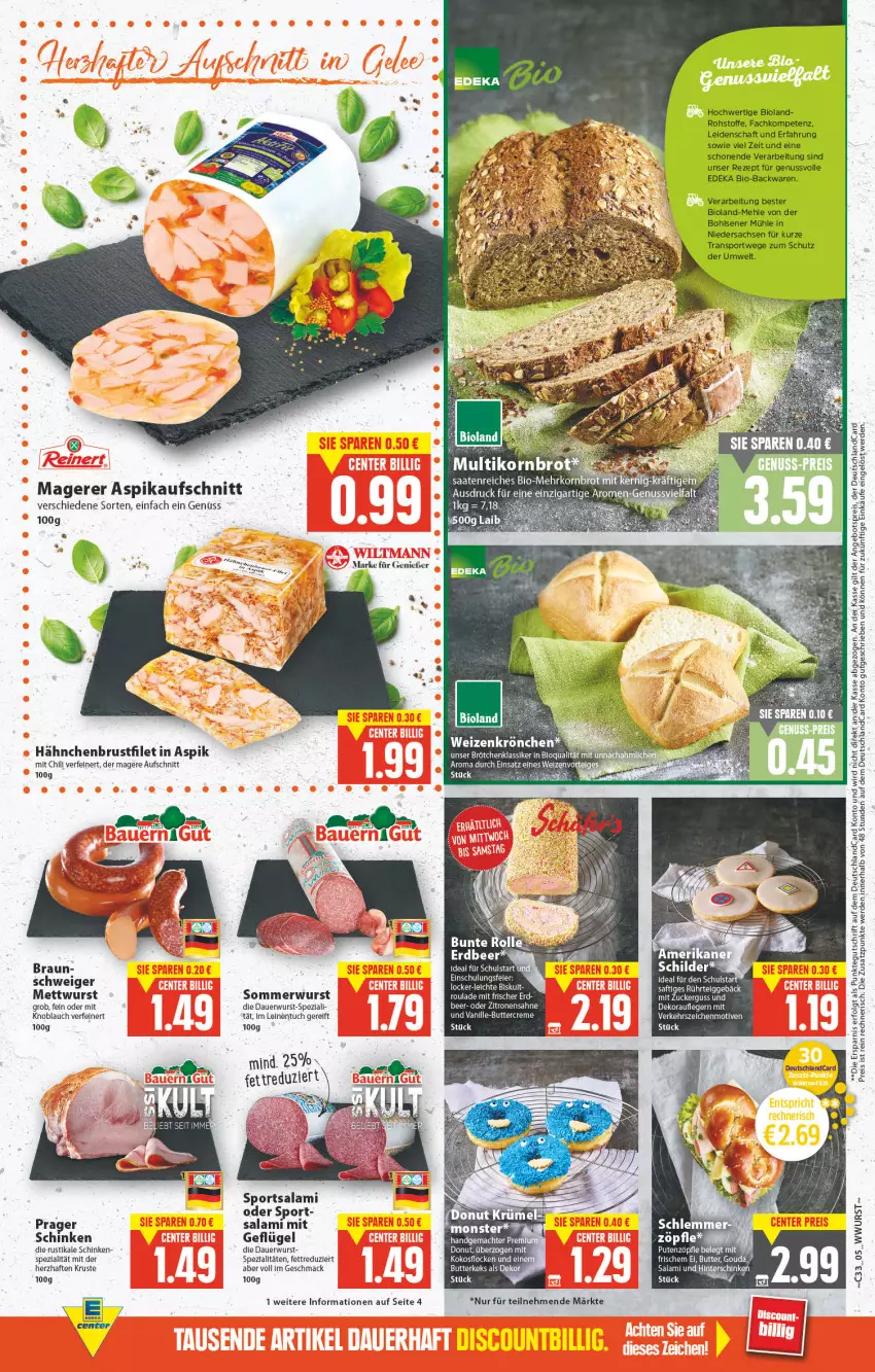 Aktueller Prospekt E Center - Angebote der Woche - von 15.08 bis 20.08.2022 - strona 5 - produkty: angebot, angebotspreis, auer, aufschnitt, backwaren, bio, Bio-Backwaren, bioland, braun, brot, brötchen, brustfilet, butter, deka, deutschlandcard, edeka bio, eis, ente, erde, filet, Geflügel, gouda, hähnchenbrust, hähnchenbrustfilet, hinterschinken, knoblauch, korn, Kornbrot, leine, LG, mac, mehl, Mett, mettwurst, mit knoblauch, monster, nuss, reis, rezept, sac, saft, sahne, salami, schinken, Spezi, Sport, Ti, tuc, wurst, zitrone, zitronen, zucker