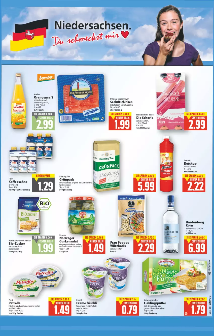 Aktueller Prospekt E Center - Angebote der Woche - von 15.08 bis 20.08.2022 - strona 8 - produkty: auer, Becher, beutel, bio, bünting tee, creme, direktsaft, eis, ente, flasche, frischkäse, frischkäsezubereitung, frischli, gin, gurke, gurken, gurkensalat, kaffee, kartoffel, kartoffeln, Käse, ketchup, korn, mac, nordzucker, orange, orangen, orangensaft, petrella, Popp, rel, rwe, saft, sahne, salat, Sauerrahm, schinken, schorle, schwarmstedter, schwarzer tee, Seeluftschinken, Sweet Family, tee, Ti, weizenkorn, zucker