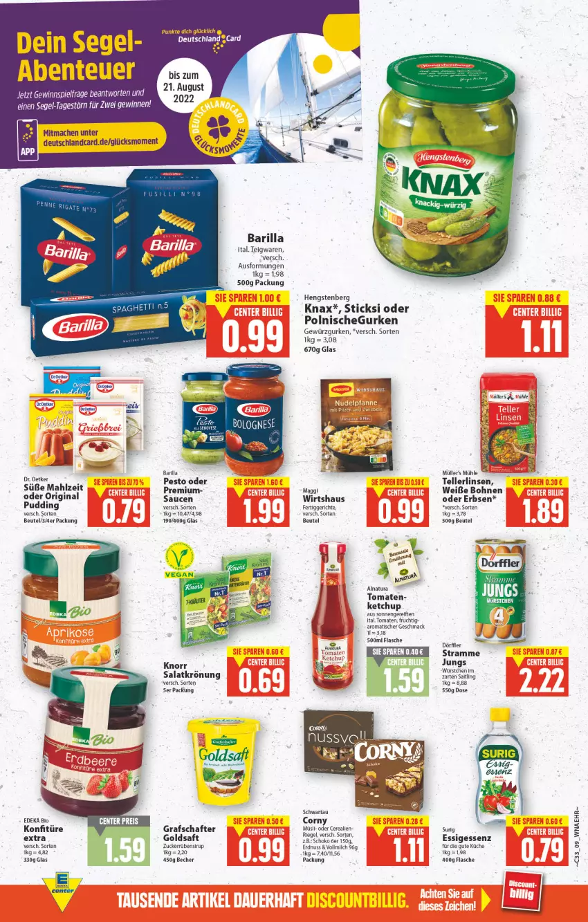 Aktueller Prospekt E Center - Angebote der Woche - von 15.08 bis 20.08.2022 - strona 9 - produkty: barilla, Becher, beutel, bio, bohne, bohnen, cerealien, corny, deka, deutschlandcard, Dr. Oetker, edeka bio, elle, erbsen, erdnuss, essig, fertiggericht, fertiggerichte, flasche, frucht, gewürz, Gewürzgurke, gewürzgurken, gin, goldsaft, grafschafter, gurke, gurken, hengstenberg, ketchup, knorr, konfitüre, küche, linsen, mac, maggi, milch, Müller, müsli, natur, natura, nuss, pudding, reifen, riegel, saft, salat, salatkrönung, sauce, saucen, schoko, Schwartau, sirup, teigwaren, teller, Ti, tisch, tomate, tomaten, vollmilch, Weiße Bohnen, würstchen, zucker