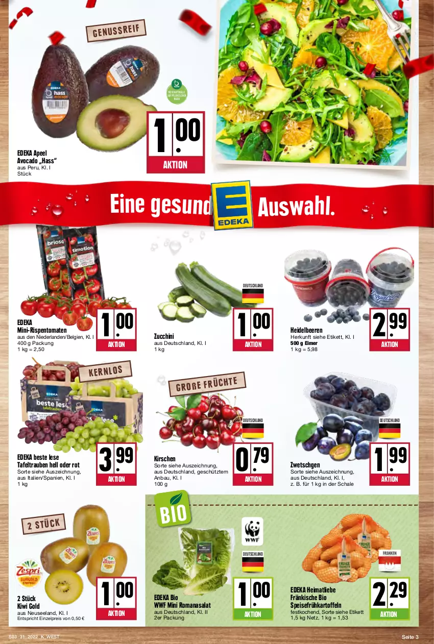 Aktueller Prospekt Kupsch - Angebote der Woche - von 01.08 bis 06.08.2022 - strona 3 - produkty: avocado, Bau, beere, beeren, bio, deka, edeka bio, eimer, eis, Elan, Frühkartoffeln, heidelbeere, heidelbeeren, kartoffel, kartoffeln, kirsch, kirsche, kirschen, kiwi, Kiwi Gold, LG, mini-rispentomaten, reis, rispentomaten, Romanasalat, salat, Schal, Schale, speisefrühkartoffeln, tafeltrauben, Ti, tomate, tomaten, trauben, ZTE, zucchini