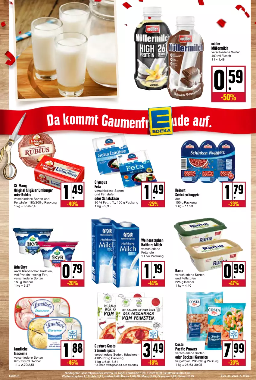 Aktueller Prospekt Kupsch - Angebote der Woche - von 01.08 bis 06.08.2022 - strona 6 - produkty: arla, arla skyr, Becher, burger, Cif, cocktail, creme, eis, eiscreme, feta, garnelen, gin, haltbare milch, Käse, landliebe, landliebe eiscreme, LG, Limburger, milch, Müller, müllermilch, Ofen, pizza, prawns, rama, reinert, reis, Rubius, schafskäse, schinken, Skyr, St. Mang, steinofen, Ti, weihenstephan, ZTE