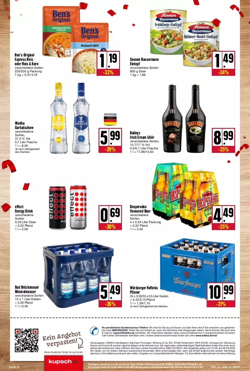 Aktueller Prospekt Kupsch - Angebote der Woche - von 01.08 bis 06.08.2022 - strona 8 - produkty: Alwa, angebot, angebote, Astra, auer, Bad, baileys, Ben’s Original, burger, deka, desperados, drink, Effect, eintopf, eis, energy drink, ente, flasche, gin, Gorbatschow, irish cream, korn, likör, mineralwasser, pils, pilsner, Rauch, reis, ring, sac, telefon, Ti, topf, wasser, wodka, ZTE