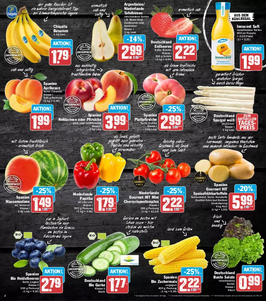 Aktueller Prospekt Aez - Prospekte - von 30.05 bis 04.06.2022 - strona 2 - produkty: aprikose, aprikosen, aus dem kühlregal, banane, bananen, Bau, beere, beeren, berliner, bio, Birnen, braten, bunte salate, chiquita, deutscher spargel, eis, elle, erdbeere, erdbeeren, flasche, fleisch, frucht, fruchtfleisch, Frühkartoffeln, grill, gurke, gurken, heidelbeere, heidelbeeren, ideal zum grillen, Innocent, joghur, joghurt, kartoffel, kartoffeln, kuchen, kühlregal, kühlschrank, mac, mais, melone, Nektar, nektarinen, nektarinen oder, nuss, obst, oder pfirsiche, paprika, paprika rot, Pfannkuchen, pfirsich, pfirsiche, plattpfirsiche, regal, reis, rel, rispentomaten, rwe, saft, salat, salate, Schal, Schale, Schrank, snack, spargel, speisefrühkartoffeln, tafelbirnen, teller, Ti, tisch, tomate, tomaten, wasser, wassermelone, ZTE, zucker, zuckermais