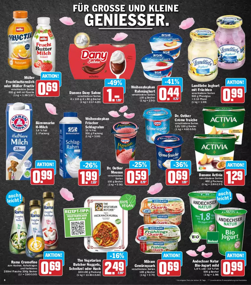 Aktueller Prospekt Aez - Prospekte - von 30.05 bis 04.06.2022 - strona 8 - produkty: activia, andechser natur, bärenmarke, Becher, bio, butter, buttermilch, creme, crème fraîche, danone, danone activia, Dany, dany sahne, Dr. Oetker, eis, elle, flasche, frucht, früchte, früchten, gewürz, gewürzquark, joghur, joghurt, jogurt, landliebe, landliebe joghurt, leine, milch, milram, mousse, Müller, natur, nuggets, quark, rahmjoghurt, rama, rama cremefine, reis, Ria, sahne, schlagrahm, schnitzel, teller, The Vegetarian Butcher, Ti, Vegeta, weihenstephan, ZTE