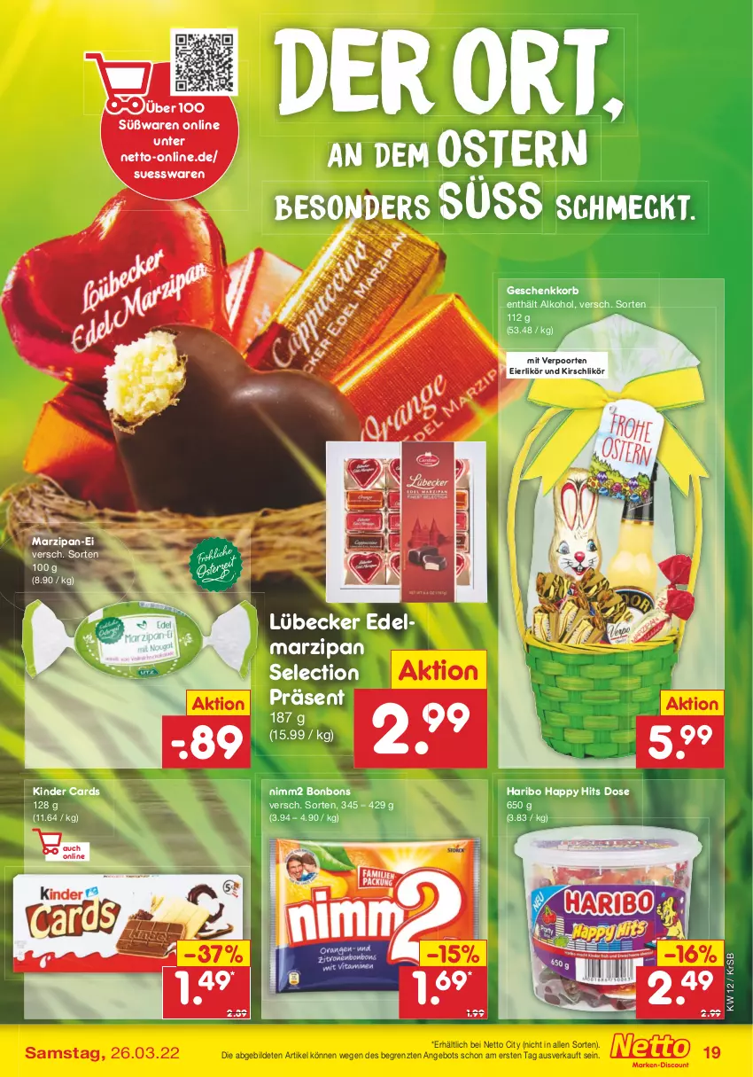 Aktueller Prospekt Netto Marken-Discount - Filial-Angebote - von 21.03 bis 26.03.2022 - strona 19 - produkty: alkohol, angebot, bonbons, Edelmarzipan, eier, eierlikör, haribo, Kinder, kirsch, Kirschlikör, korb, likör, Lübecker, marzipan, nimm2, Ti, verpoorten, ZTE