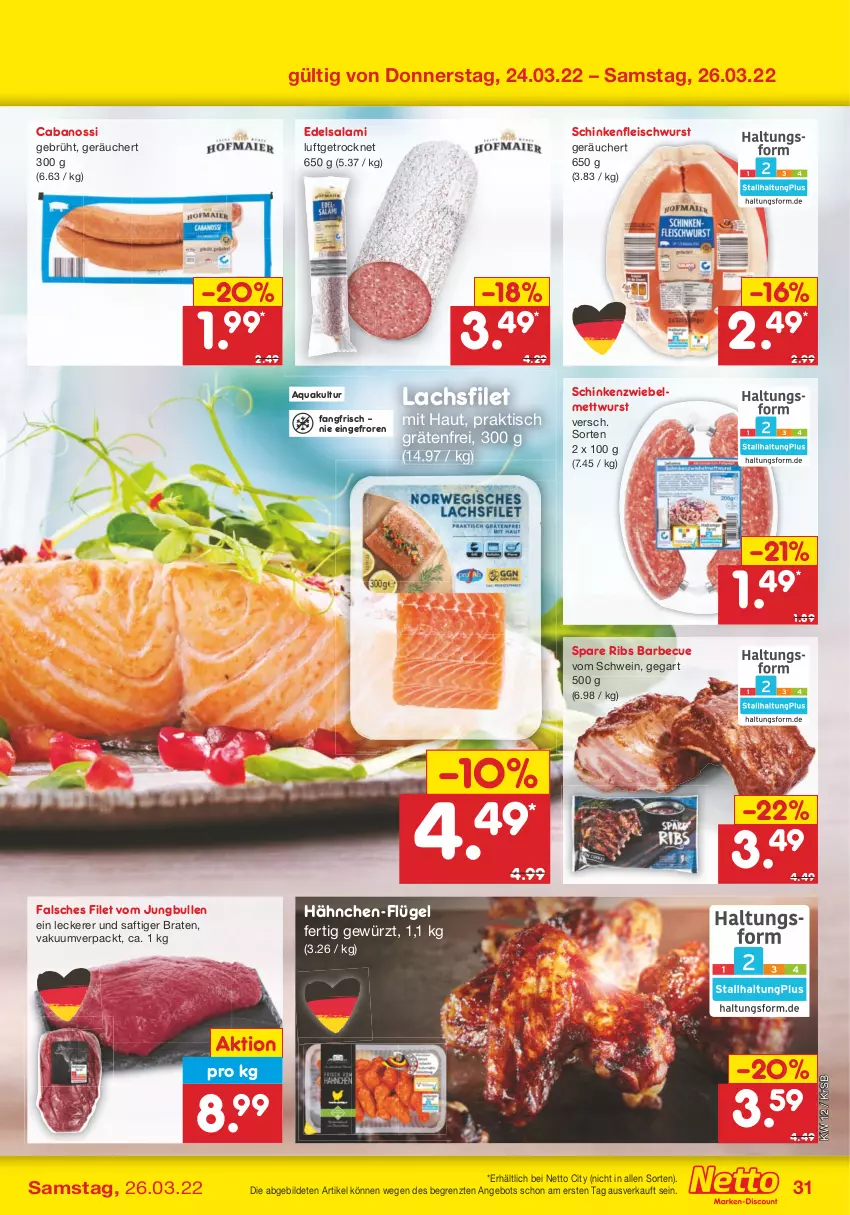 Aktueller Prospekt Netto Marken-Discount - Filial-Angebote - von 21.03 bis 26.03.2022 - strona 31 - produkty: angebot, aqua, barbecue, braten, Cabanossi, Edelsalami, eis, Falsches Filet, filet, fleisch, fleischwurst, gewürz, jungbullen, lachs, lachsfilet, Mett, mettwurst, saft, salami, schinken, schinkenfleischwurst, schwein, spare ribs, Ti, tisch, wein, wurst, ZTE, zwiebel, zwiebelmettwurst