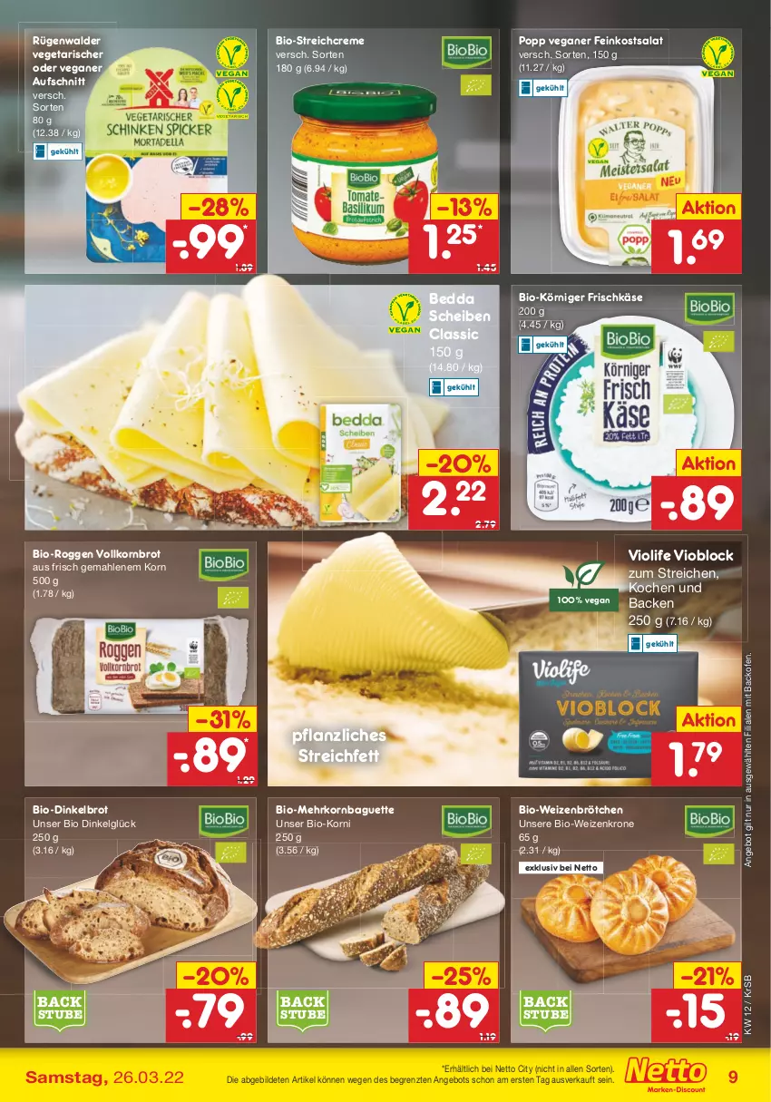 Aktueller Prospekt Netto Marken-Discount - Filial-Angebote - von 21.03 bis 26.03.2022 - strona 9 - produkty: angebot, aufschnitt, backofen, baguette, bio, brot, brötchen, creme, Dinkelbrot, feinkost, frischkäse, Käse, korn, Kornbrot, Körniger Frischkäse, krone, LG, Ofen, Popp, rügenwalder, salat, stube, Ti, Vegeta, vollkornbrot, weizenbrötchen, ZTE